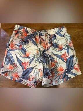 Tropical Floral Swim Trunks - Coral & Navy Print